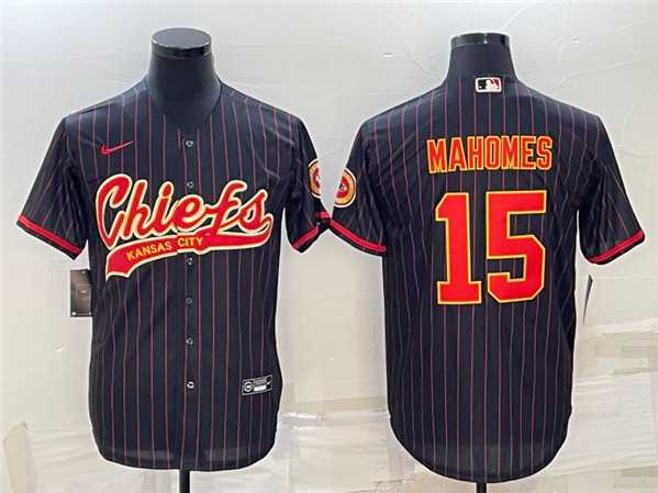 Men%27s Kansas City Chiefs #15 Patrick Mahomes Black With Patch Cool Base Stitched Baseball Jersey